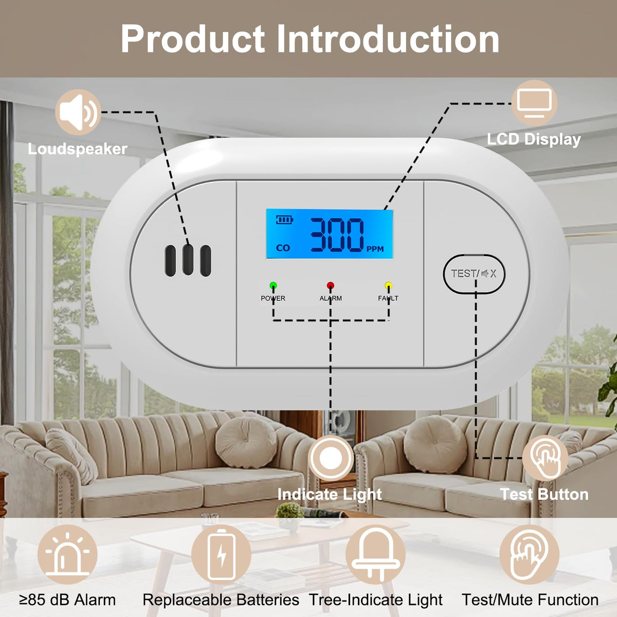 Carbon Monoxide Detector with LCD Display,CO Alarms Replaceable Battery Powered,10 Year Sensor Life Portable CO Detectors for Travel,1 PCS