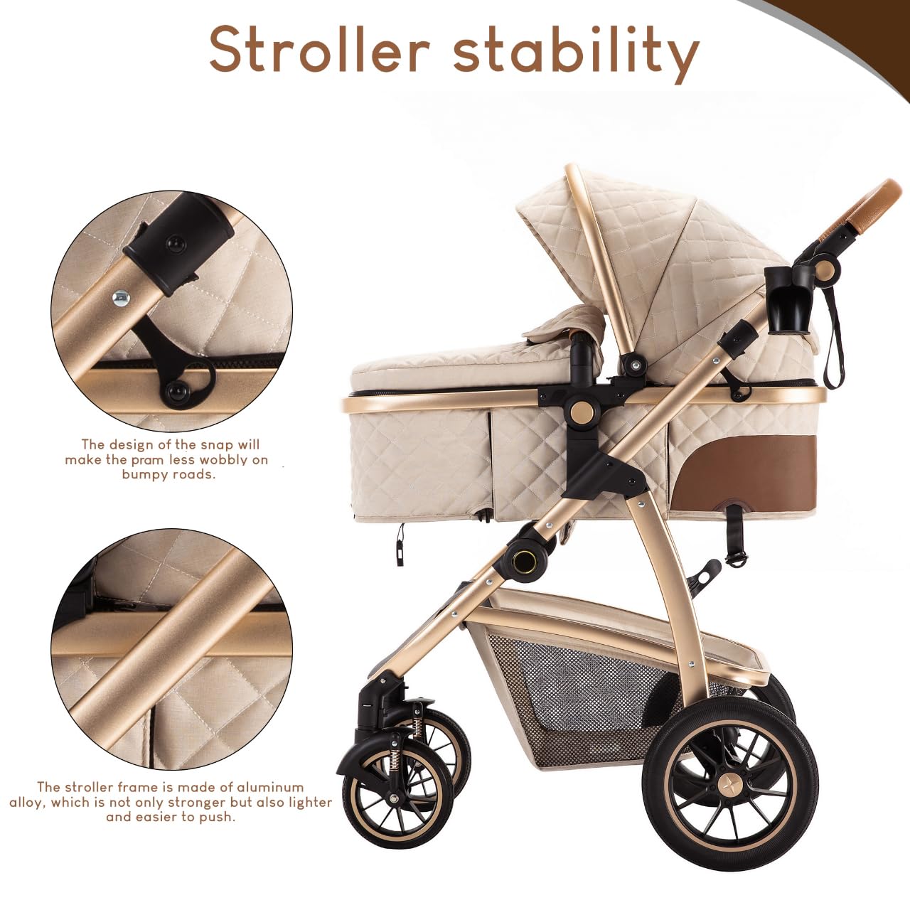 Baby Stroller 3 in 1,Travel Pushchair's Lie-Flat Pram is Foldable, Stroller System Handle is Adjustable, The Wheels are Made of PU Material, Suitable for 0-3 Years-Khaki