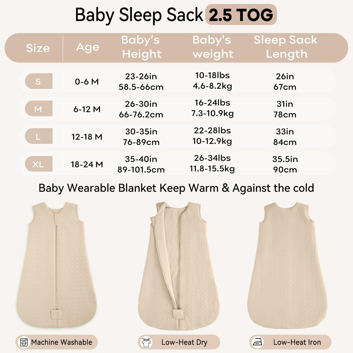 Unnivoll Baby Sleeping Bag 2.5 Tog 0-6 Months 100% Cotton Winter Sleeping Bag Baby 2-Way Zipper Quilted Sleep Sack for Newbron Infant Warm Soft Apricot