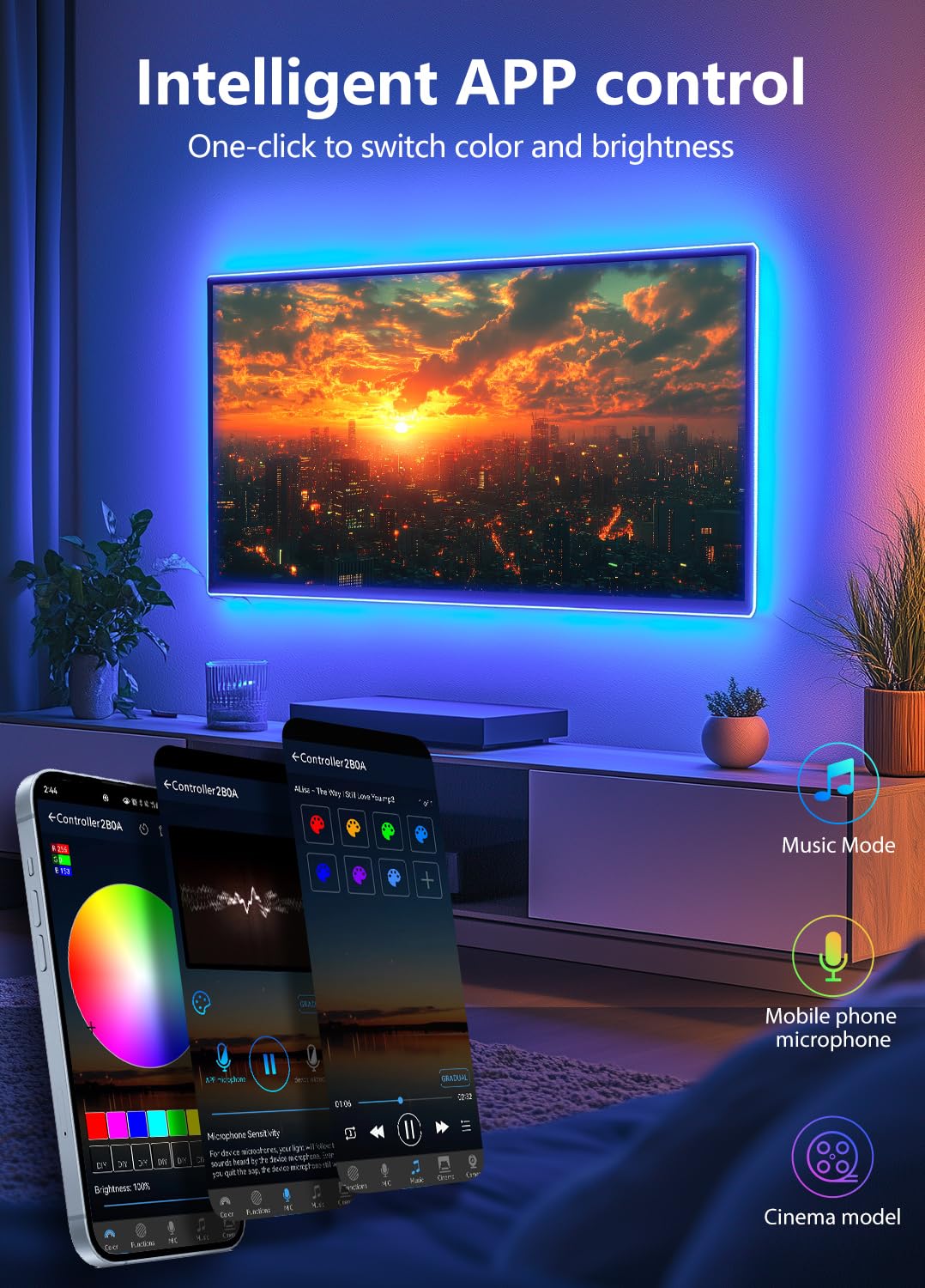 Beaeet TV LED Lights, 3M TV Backlight LED Strip for 32-60 Inch TVs, USB Powered Behind TV Light with RGB Music Sync and Bluetooth Remote Control for Home Decor