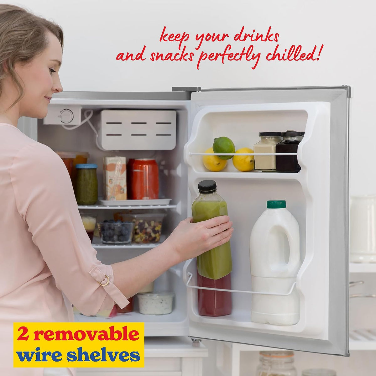 Russell Hobbs Table Top Larder Mini Fridge 66L Capacity, Reversible Door & Adjustable Feet, 0 to 8 Degrees Manual Temperature Control, Silver RH67TTLF0E1SS