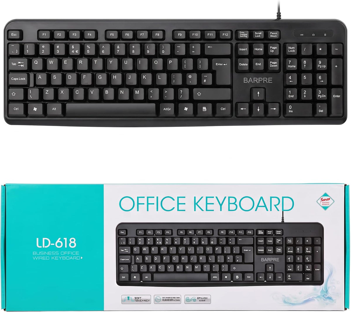 Wired Keyboard UK Layout, Full Size 105 Keys USB Computer Keyboard with Numeric Keypad, Quiet Typing Spill-Resistant Plug and Play PC Keyboard for Windows 11 10 Laptop Office Desktop, Black