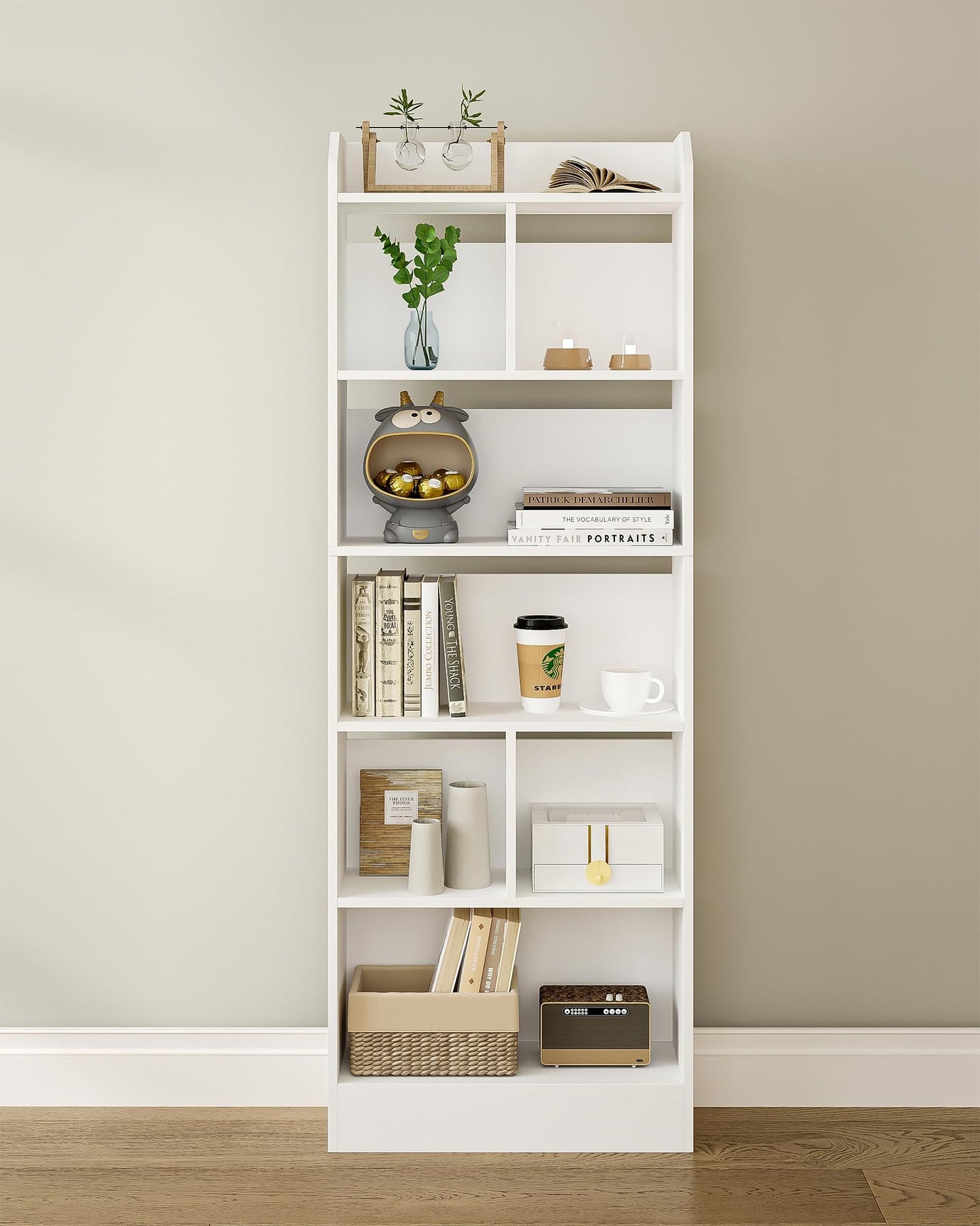 Hzuaneri 6-Tier Bookcase, Bookshelf with 8 Adjustable Storage Shelf Unit, White Bookcase for Living Room, Home Office, Bedroom, Study, 24 x 60 x 199 cm, White, BC11703X