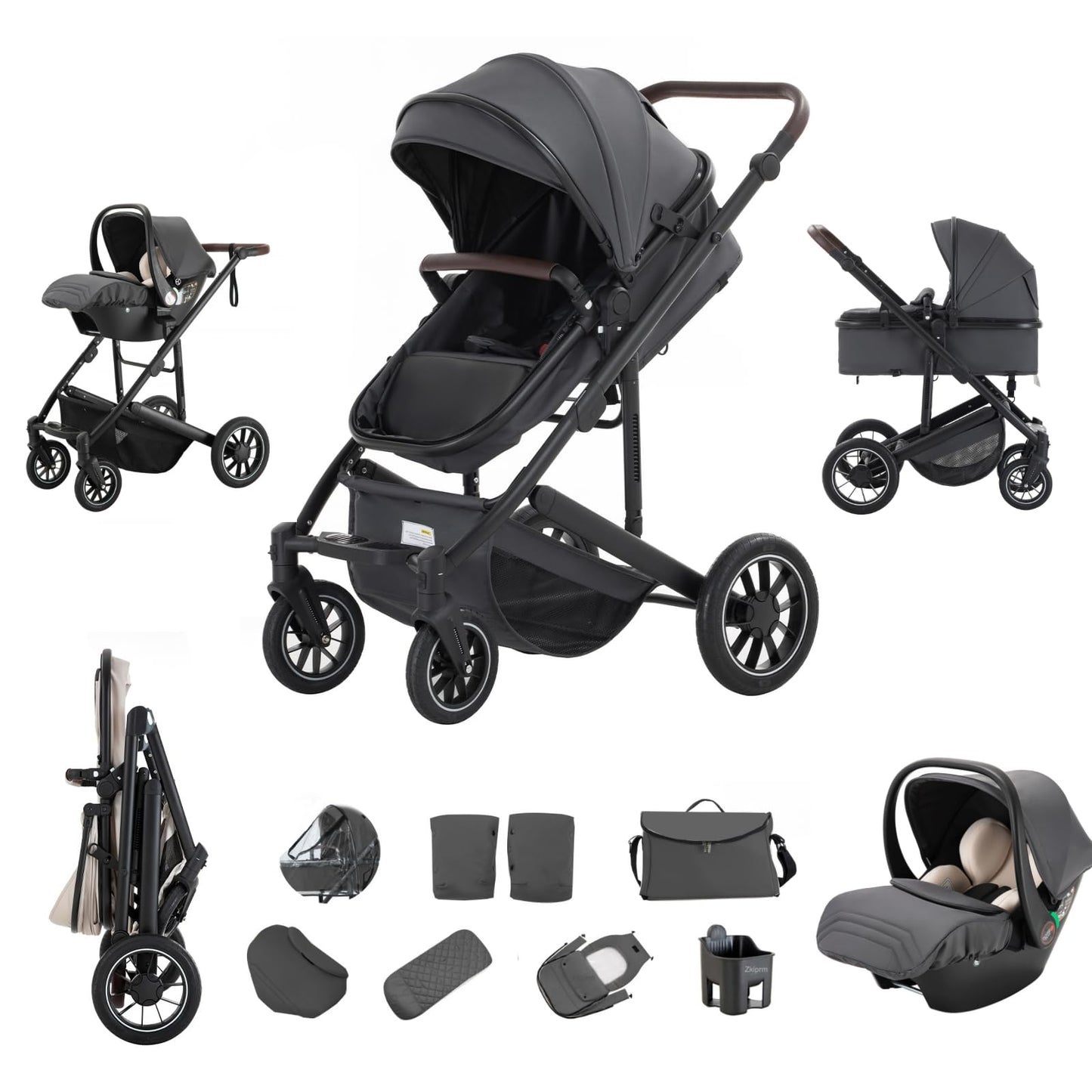 Zkipm Baby Pram 3 in 1, Foldable Baby Stroller,Pram Set Travel with Adjustable-Height Push Handle, Present Rain Cover, Mosquito Net, Bag, Cooling Mat, ect for Ages 0–3