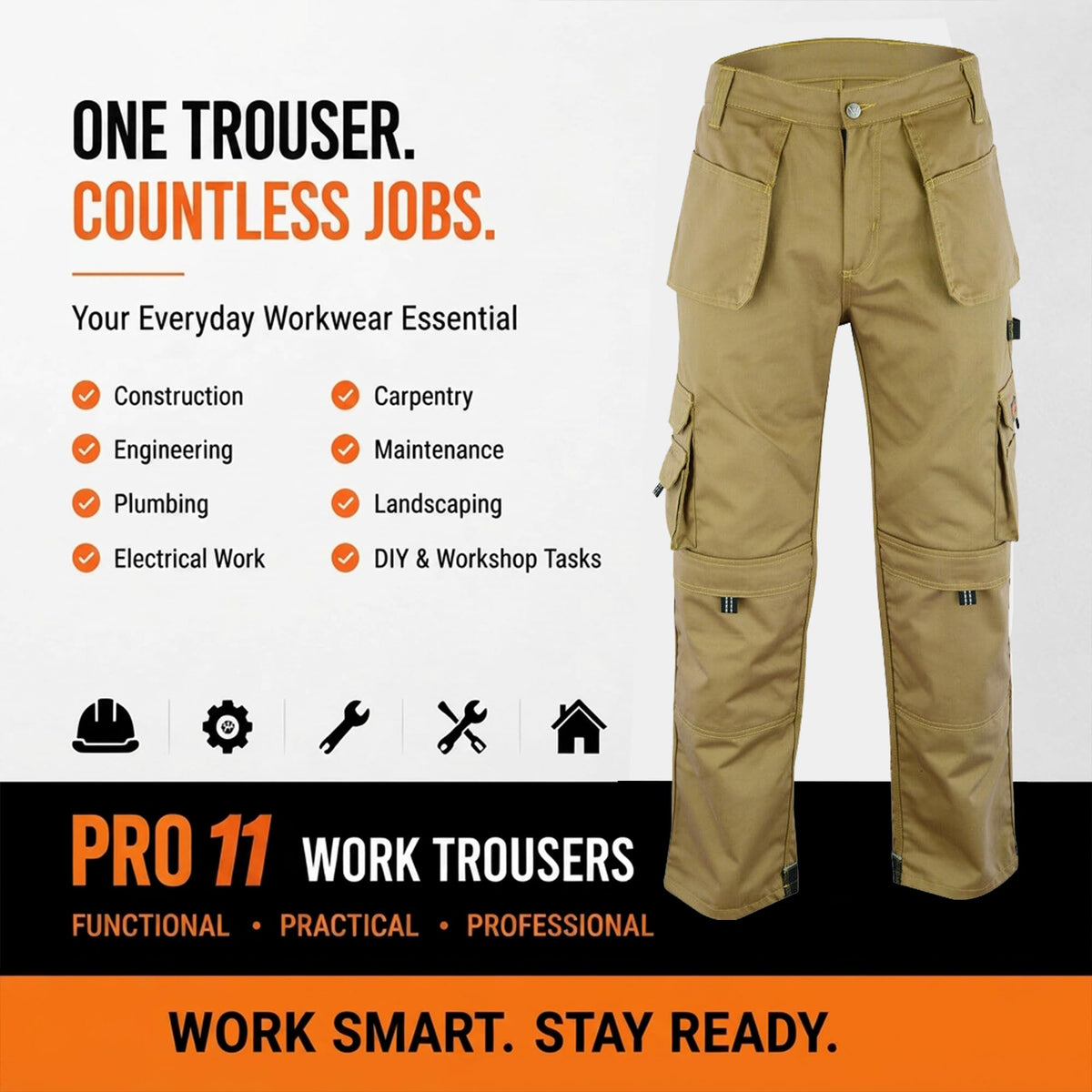 WrightFits Men Pro-11 Work Trousers Black - Heavy Duty Safety Combat Cargo Pant - Multi Pockets & Knee Pad Pockets - Triple Stitched -Durable Work wear (28W-48W)