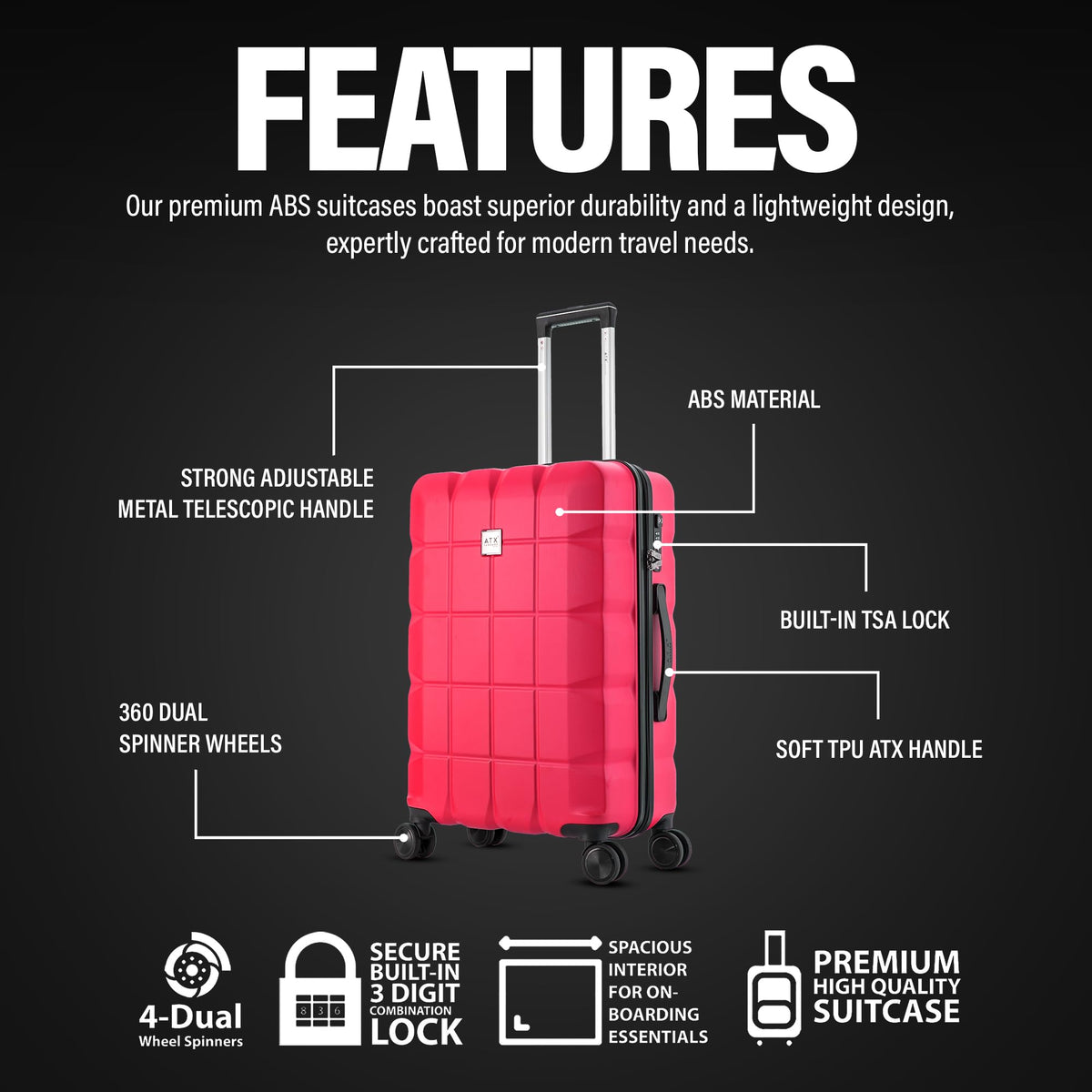 ATX 28 Inch Suitcase Large 110L – Lightweight Hard Shell Checked Luggage, 4 Wheels, TSA Lock, 30KG Capacity, Black