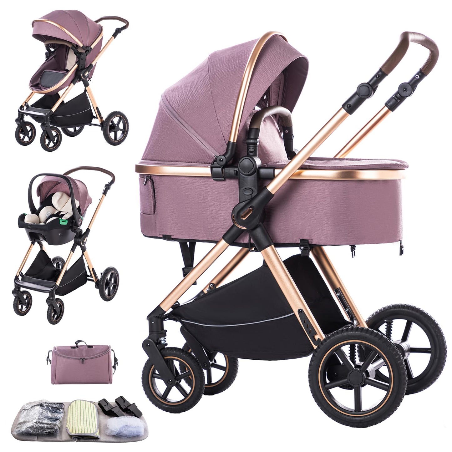 Stroller 3 in 1 Travel System Aluminium Frame High Landscape Combined Strollers Lightweight Folding Pram for Newborns Toddlers 0-36 Months from Birth Aluminium Pushchair (D2/Pink, H2-D)