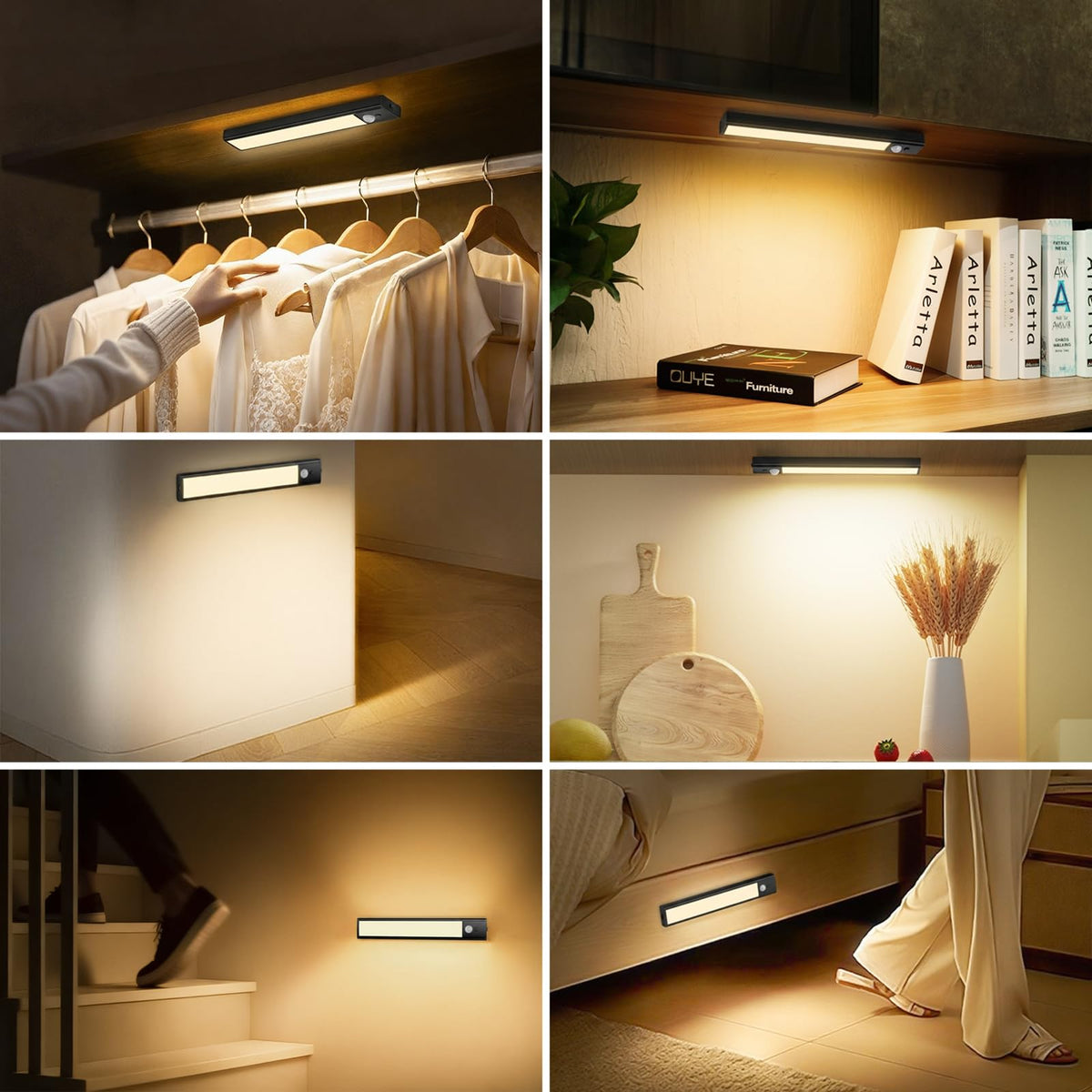 daphomeu 5 Pack Rechargeable Under Cupboard Kitchen Lights, 20CM Dimmable Warm Cabinet Light, LED Motion Sensor Lights Indoor, Magnetic Stick Light for Kitchen Shelf Stairs Wardrobe