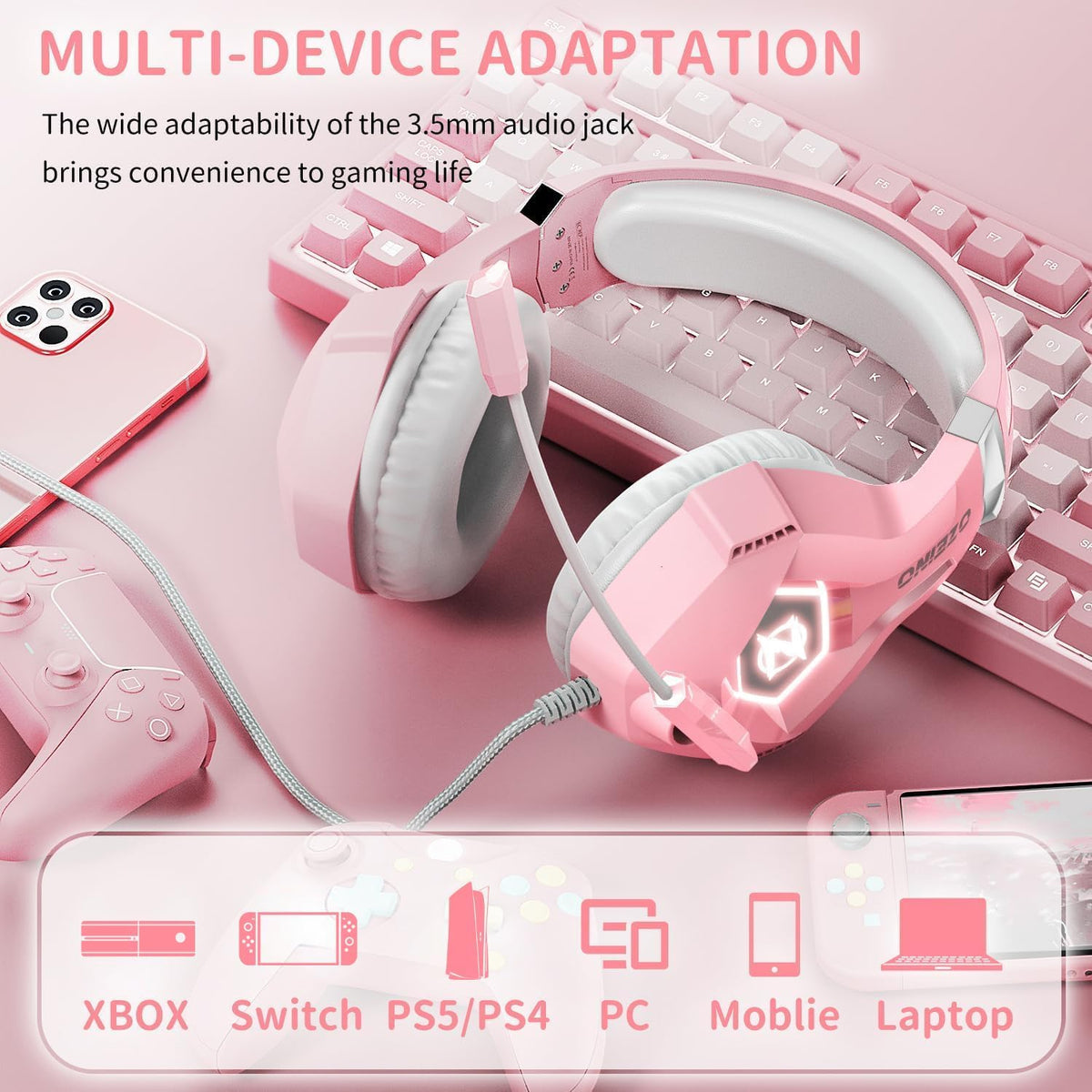 Ozeino Gaming Headset with Microphone for PS5/PS4/Xbox One/PC/Switch, Gaming Headphones with 3D Surround Sound & Noise Cancellation Pink