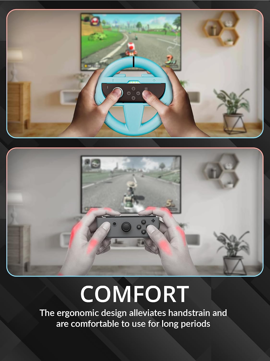 Orzly Racing Steering Wheels – Compatible with Switch 2 (2025 Console) – Party Pack of 4 Joy-Con Controller Attachments for Racing Games (2 Black, 1 Blue, 1 Red)