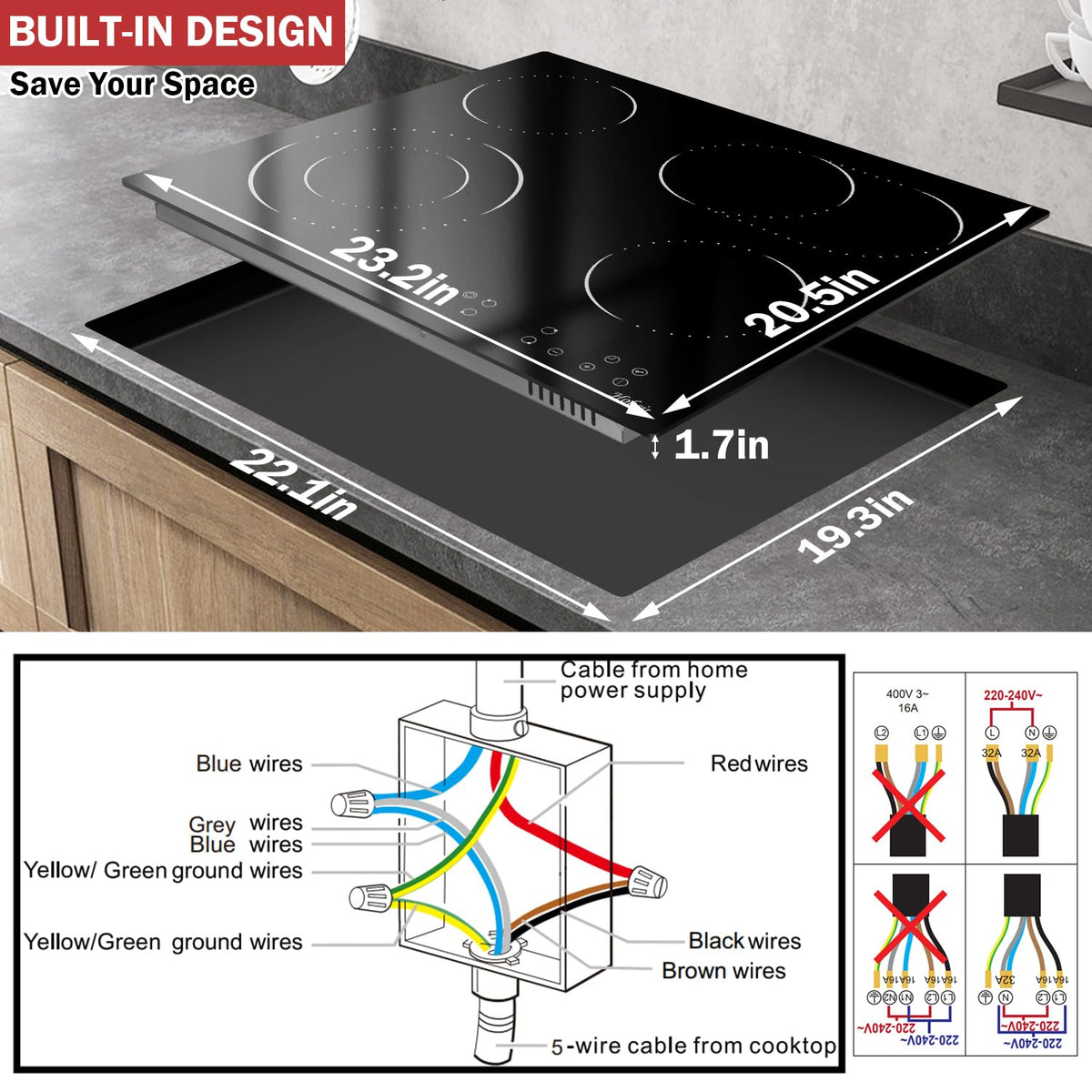 Hobsir Ceramic Hob with Knobs, Built-in Electric Cooker Hob 4 Burners 60 cm