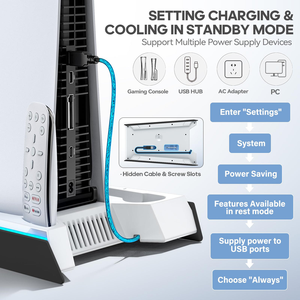 Rysker PS5/Slim/Pro Stand, PS5 Cooling Station Built-in 3-Level Cooling Fan & Fast Charger for Disc & Digital, PS 5 Accessories with Safety Screw and Headset Holder