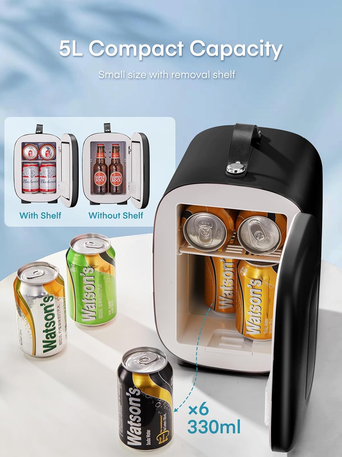 FOHERE Mini Fridge Portable, 5 Liter/6 Cans Small Fridge Cooler & Warmer, Quiet, DC/AC Power, Cmpact Mini Fridge for Bedrooms, Office, Skincare, Car, Travel, Black