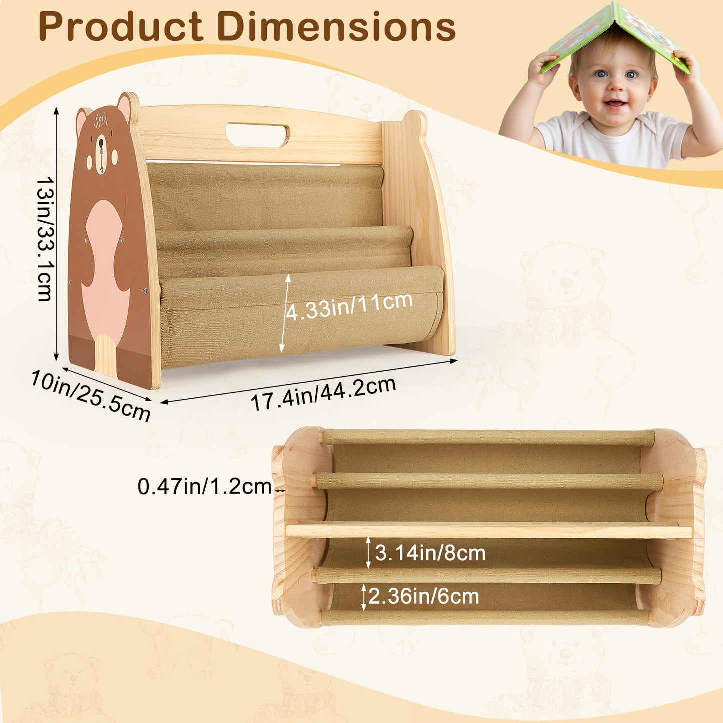 MHJY Kids Bookshelf – Wooden Double-Sided Sling Book Rack with Canvas Storage, Toddler Bookcase for Nursery, Bedroom, Playroom – Montessori Style Children’s Book Organiser