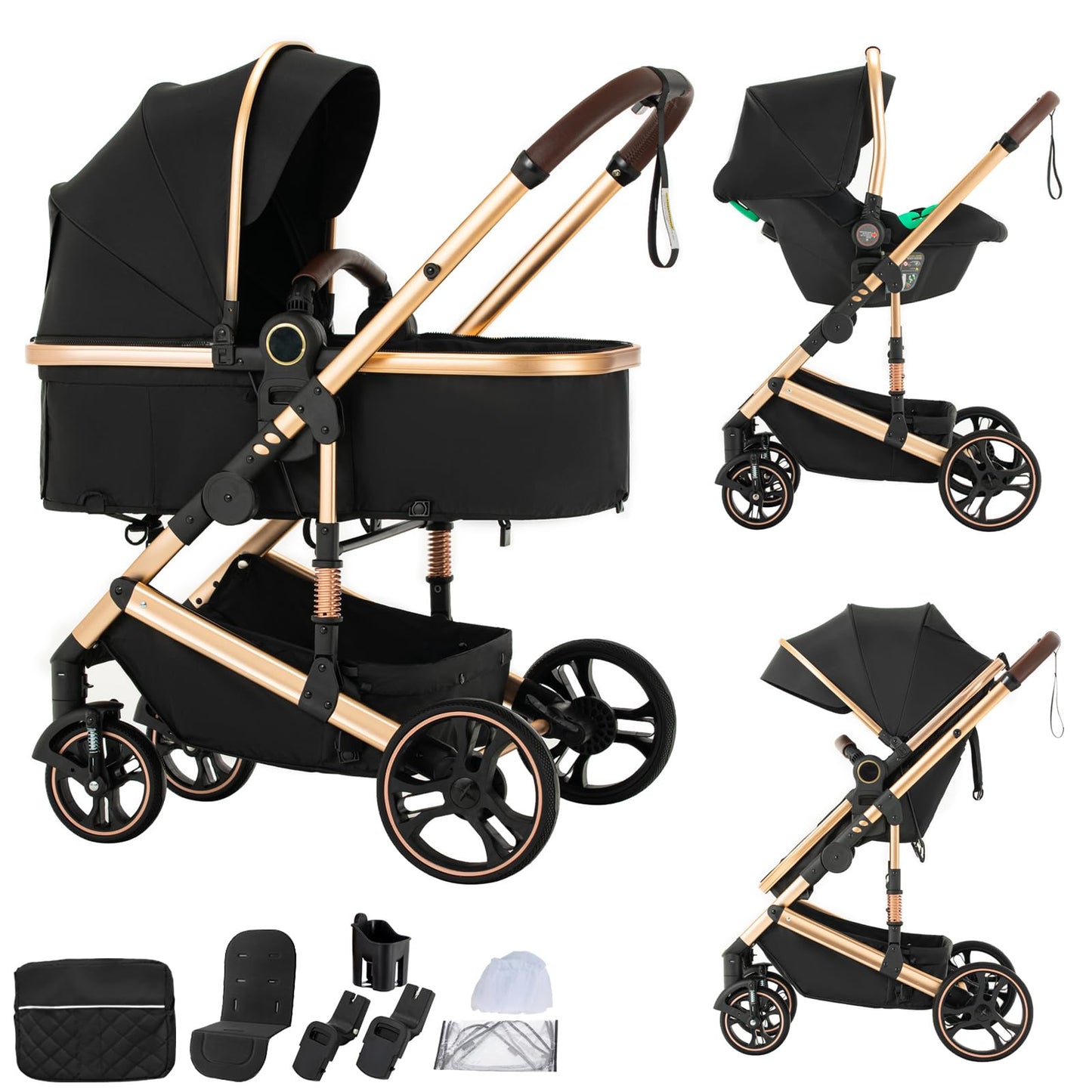 BEBBY Stroller 3-in-1 Baby 3 in 1 with Seat with Foldable Aluminium Frame, Compact Stroller with Adjustable Armrests, Combined Strollers,High Landscape Travel Pushchair (gen-H9-PINK, H9)