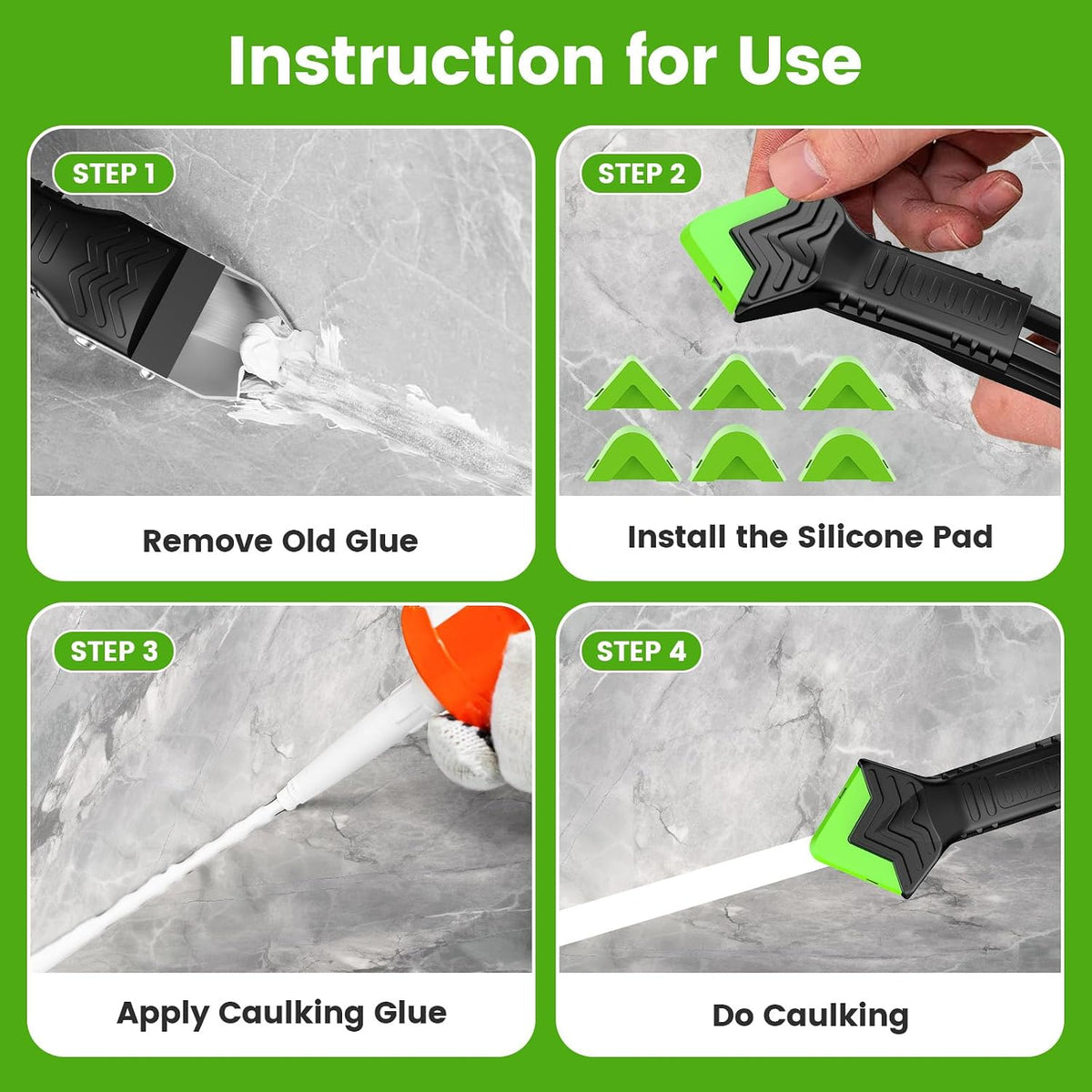 Caulking Tool 5 in 1 Silicone Caulking Grout Removal Sealant Finishing Tool with Grout Scraper, 6 Exchange Silicone Pads, Adhesive Residue Scraper Seam Repair Kit for Kitchen Bathroom