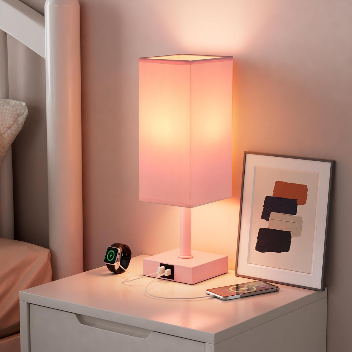 Pink Touch Lamp, Bed Lamp with Dual USB Charging Ports, Pink-Base (Bulb Included)