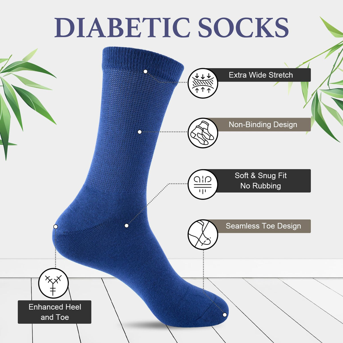 Niorasen Men's Extra Wide Diabetic Bamboo Socks, 3/6 Pairs