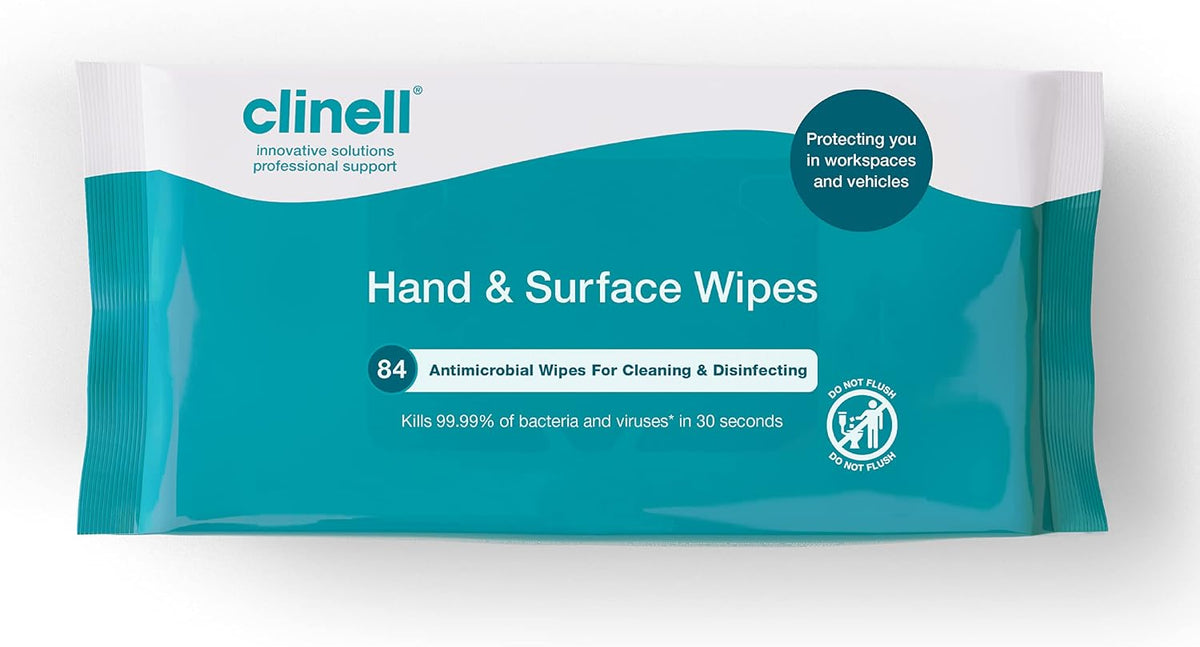 Clinell Antimicrobial Hand Wipes for Cleaning & Disinfecting - Sanitising Wipes, Ideal for Travel - Dermatologically Tested, Kills 99.99% of Bacteria & Viruses - 84 Wipes