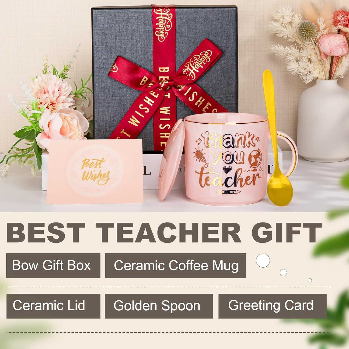 Biching Teacher Gifts - Teacher Appreciation Gifts for Women - Thank You Gift for End of Year, Back to School, Birthday, First-Day, 14oz Pink Marble Coffee Mug with Luxury Presentation Box
