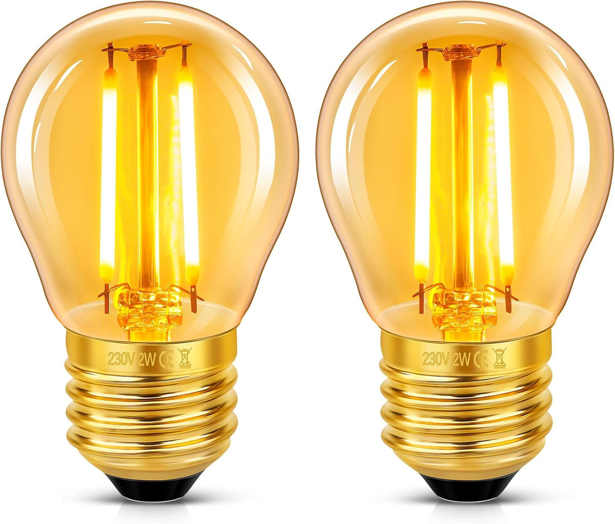 Caldarax Vintage Light Bulb E27 Edison Screw Bulb, 2W LED Filament Equivalent 20 Watt, Antique Style Retro Amber Glass 2200K Warm White, 200LM, AC 220V, Non-dimmable, Golf Ball G45 Bulb, 2 Packs