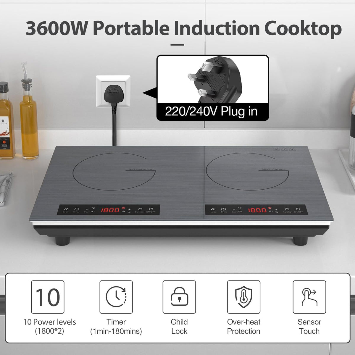 VBGK Portable Ceramic Hob, 2000W Pulg in Single Electric Hob, Portable Electric Hob with Digital LED Touch Controls, 10 Power Levels, 4-Hour Timer, Child Safety Lock, Black