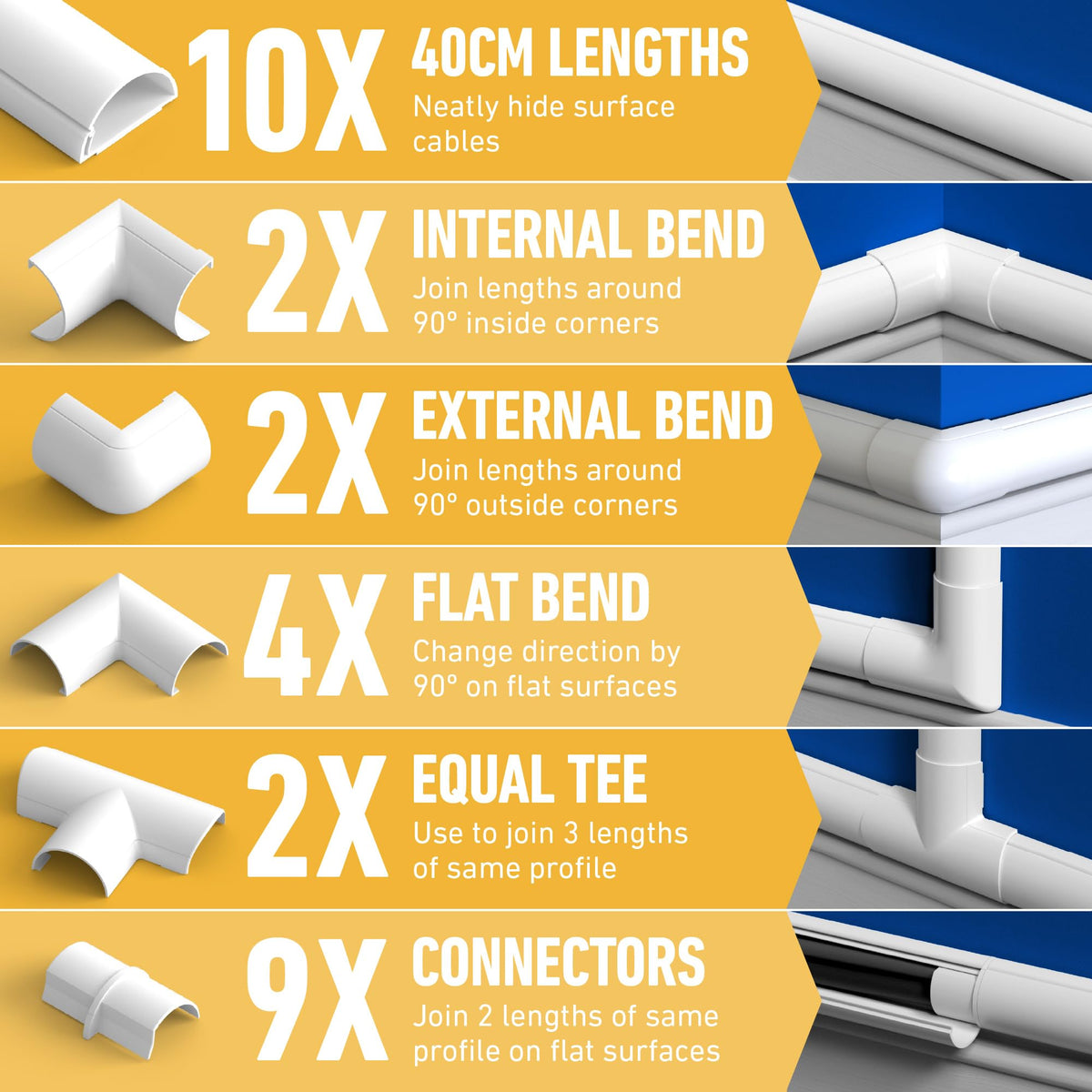 D-Line 30x15mm Cable Trunking 4m Multipack, Half Round Profile, Self-Adhesive Wire Cover, Paintable Cable Management - 10x 30mm (W) x 15mm (H) x 40cm Lengths and Accessories - White