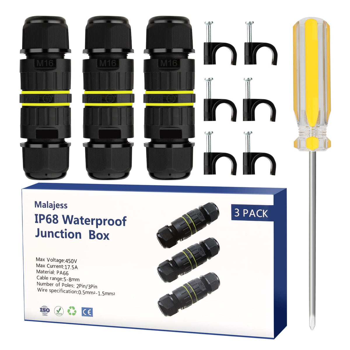 IP68 Waterproof Junction Box Outdoor Cable Connector, Extension Electrical Cable Protector for Cable Diameter Ø5mm-8mm (Pack of 2)