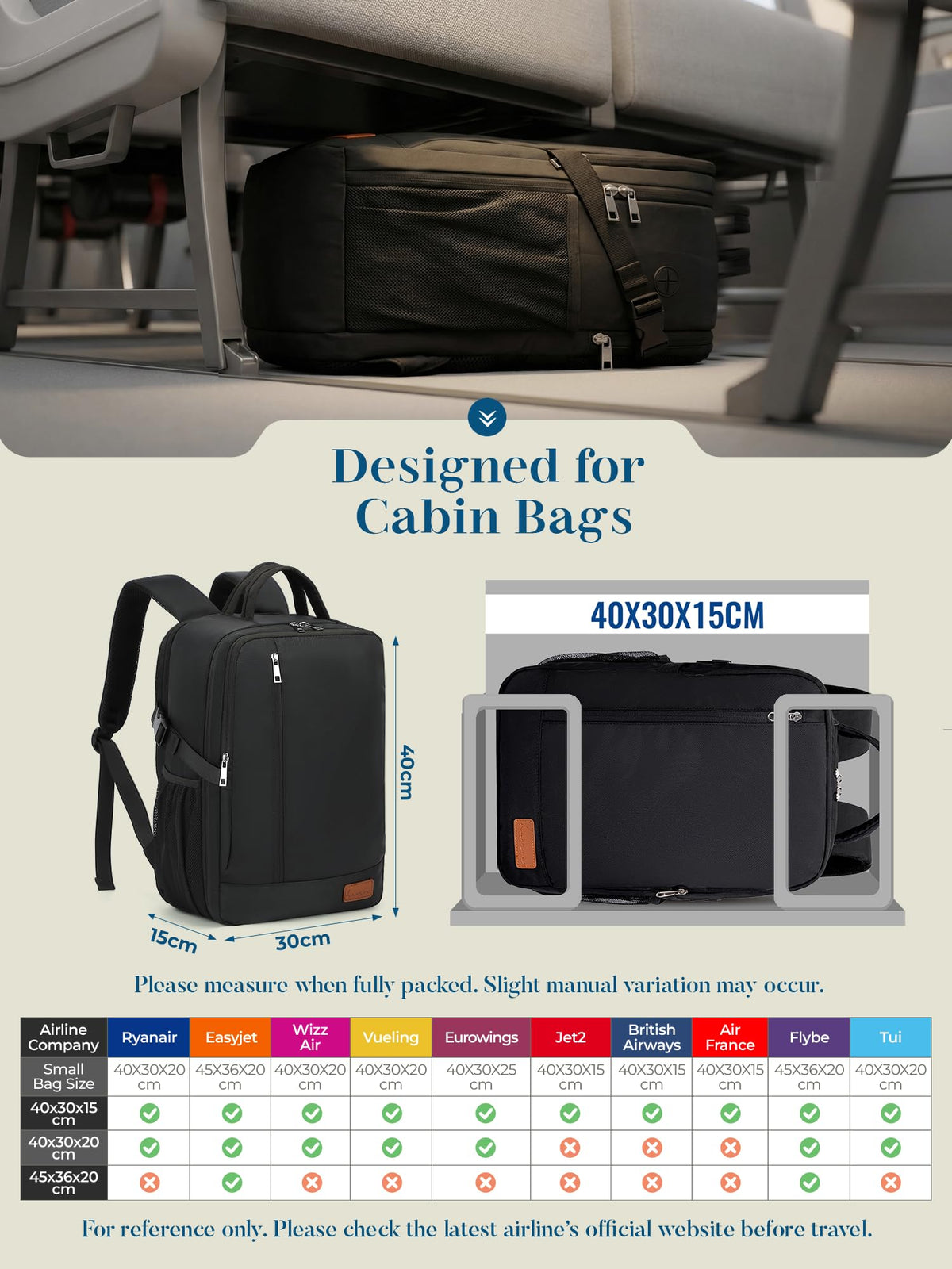For Ryanair Cabin Bags 40x30x20 Underseat Travel Carry-on School Backpack