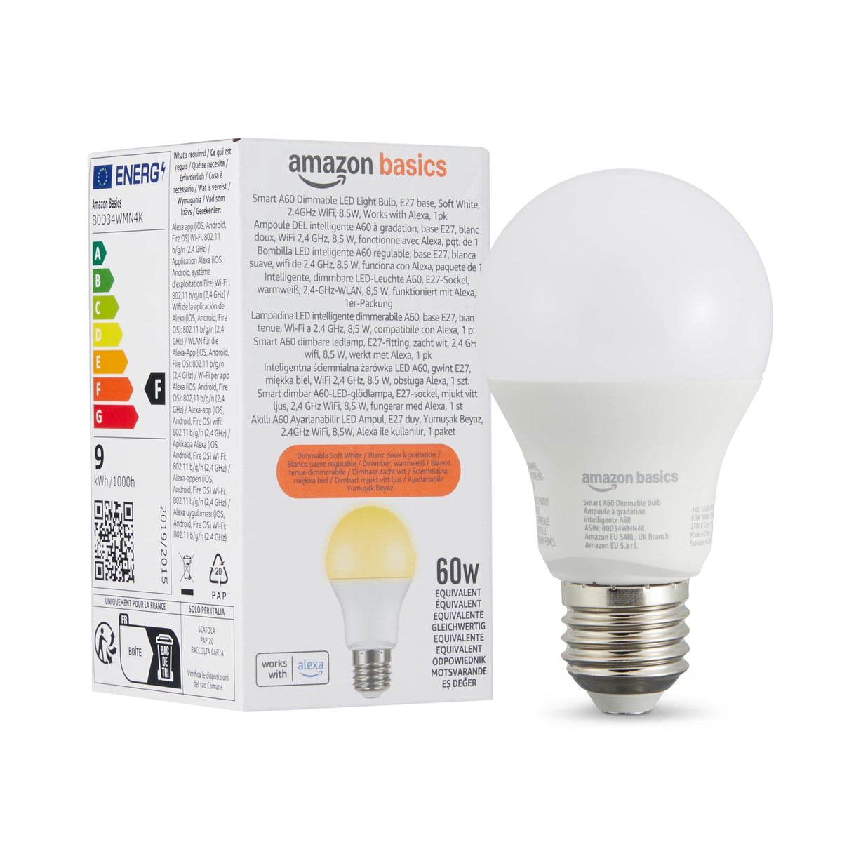 Amazon Basics Smart Dimmable LED Light Bulb, B22 Base, Soft White, 8W (60W Equivalent), Works with Alexa Only, 1 Pack
