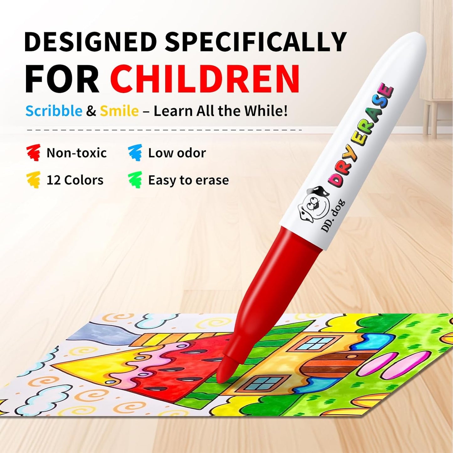 12 Colour Kids Dry Wipe Whiteboard Pens Non-Toxic Fine Tip Low Odour Mini Dry Erase Markers for School Classroom Home Children Art Supplies