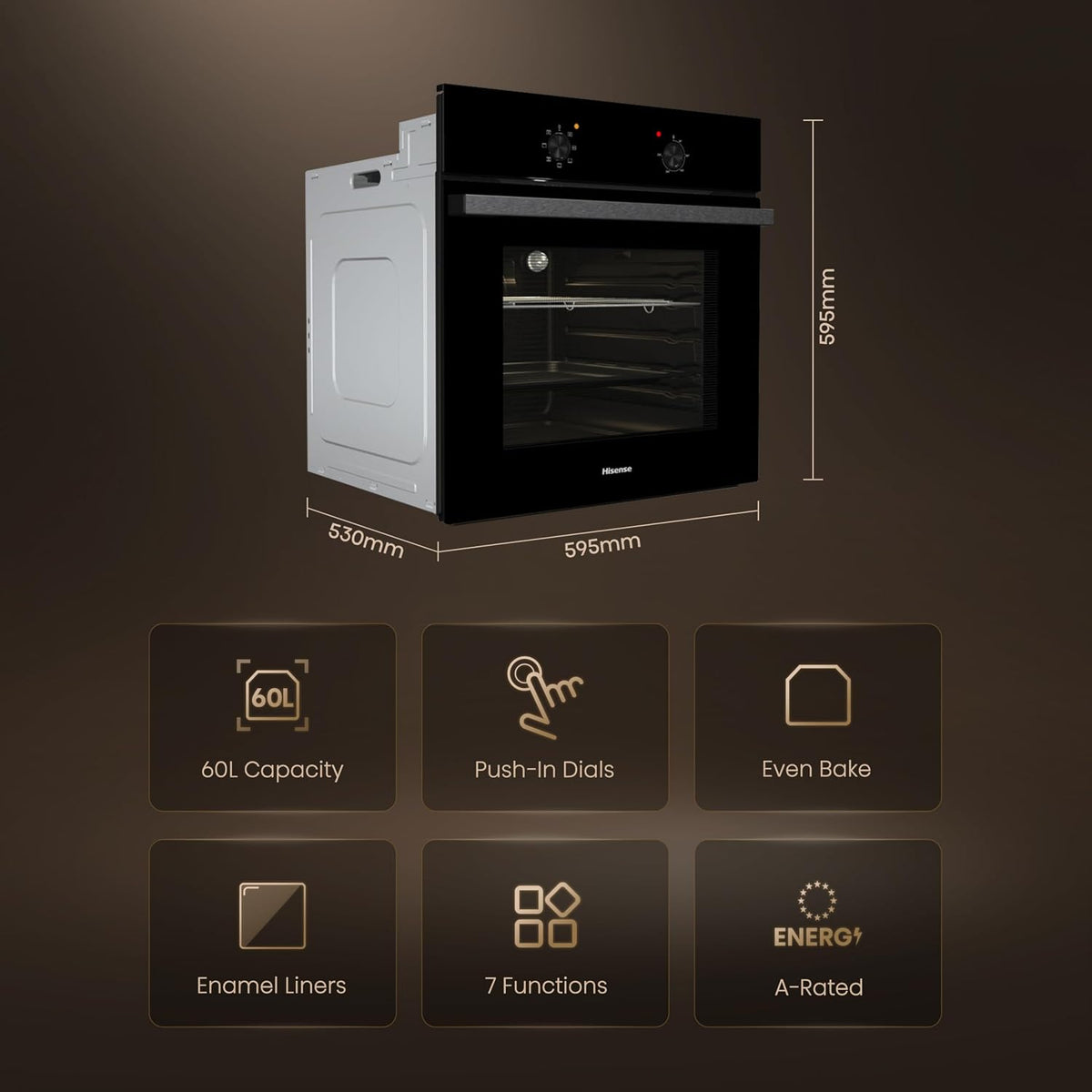 Hisense BI62020ABGUK - Built-in 60L Electric Single Oven - Black - 530x595x595 mm (DxWxH) - A Rated, Extra Large