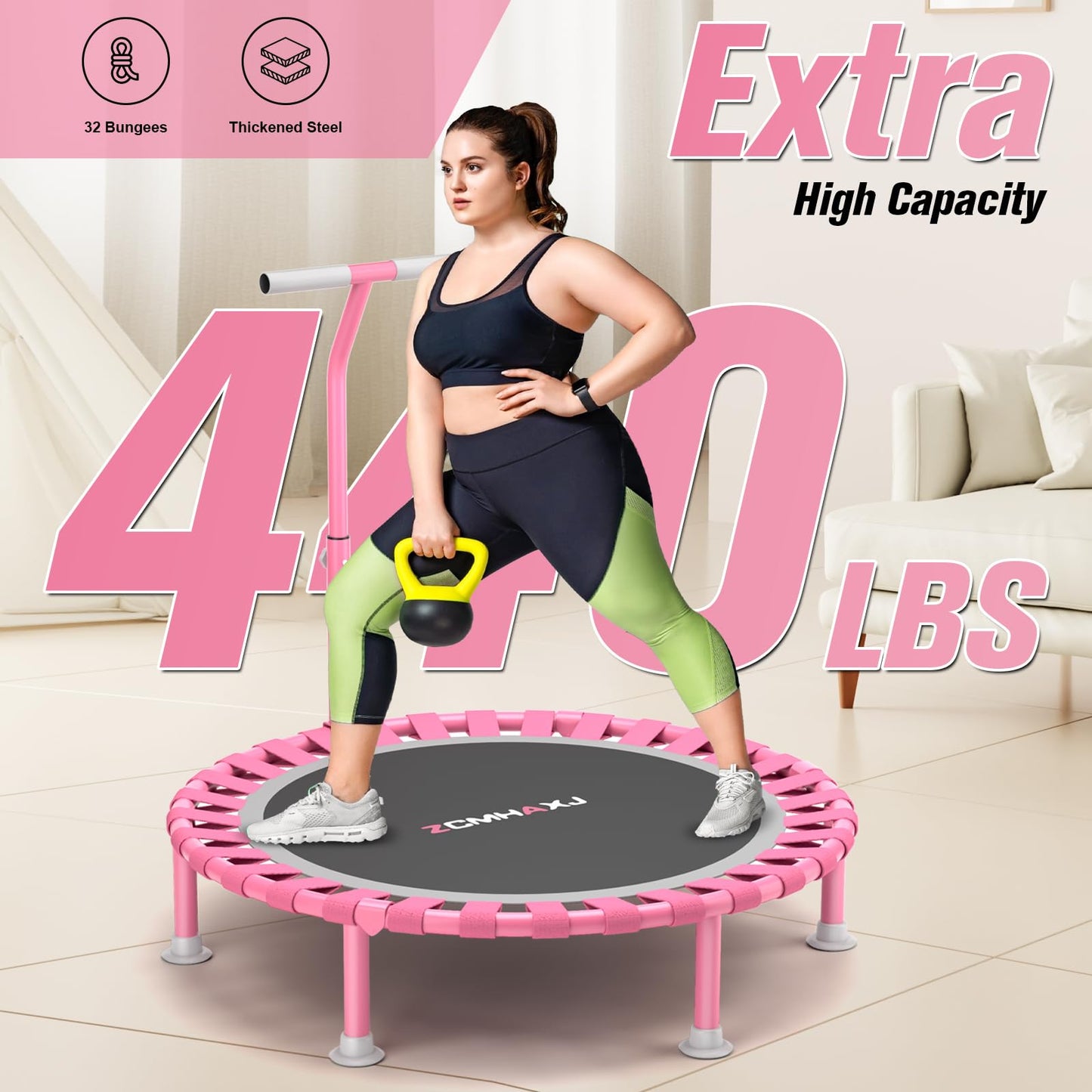 ZCMHAXJ Foldable Mini Trampoline, 40" Rebounder Trampoline for Adults & Kids, 450lbs Capacity with/without U/T-Shaped Adjustable Bar, Indoor Fitness Workout Exercise Equipment