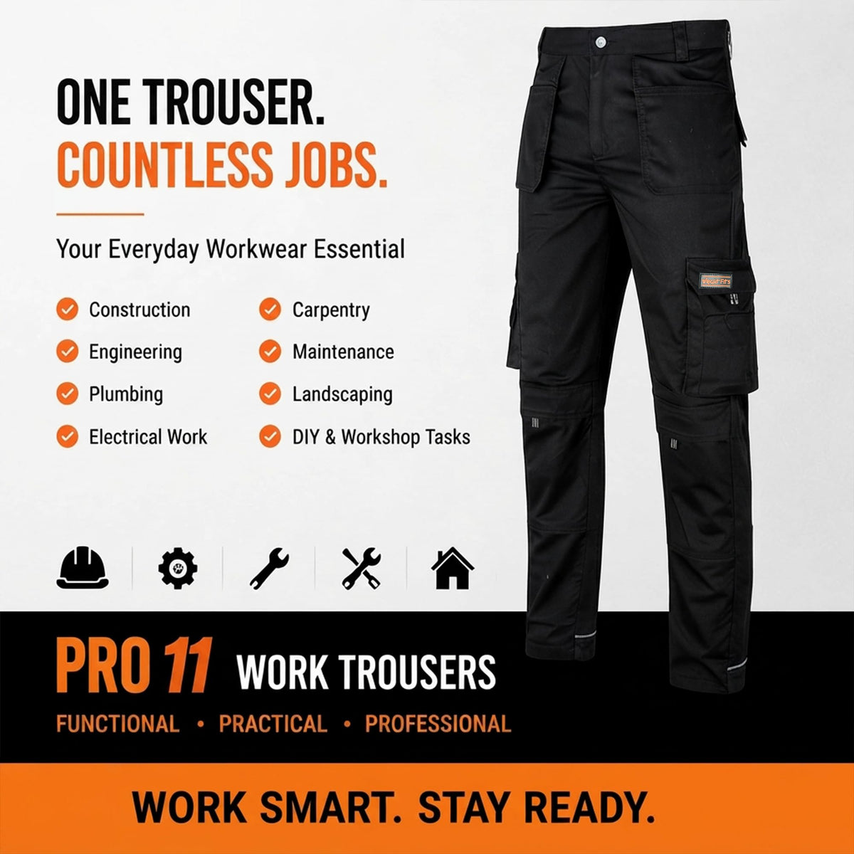 WrightFits Men Pro-11 Work Trousers Black - Heavy Duty Safety Combat Cargo Pant - Multi Pockets & Knee Pad Pockets - Triple Stitched -Durable Work wear (28W-48W)