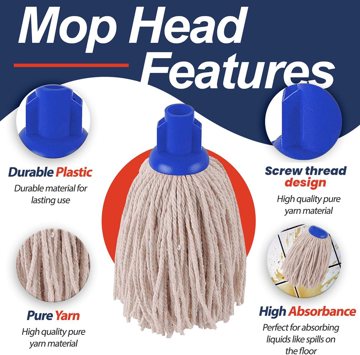 Abbey No.16 Socket Cotton Mop heads Replacement Pack of 5 – Super Absorbent String Mop Universal Screw On Socket - Floor Cleaning Heavy Duty mop head ( Blue )