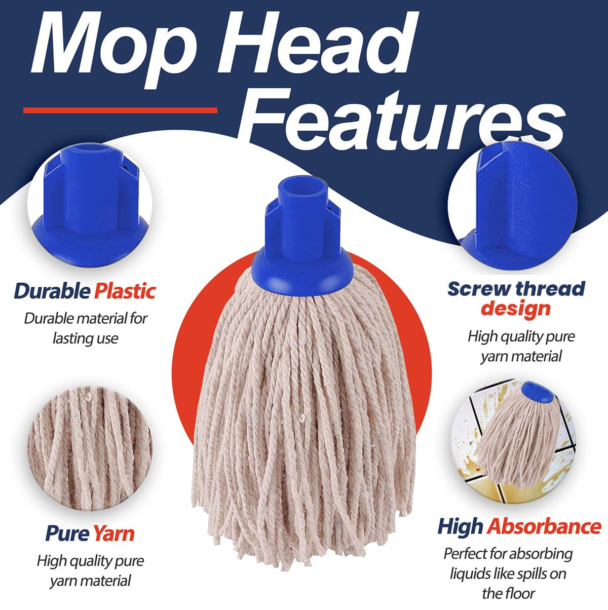 Abbey No.16 Socket Cotton Mop heads Replacement Pack of 5 – Super Absorbent String Mop Universal Screw On Socket - Floor Cleaning Heavy Duty mop head ( Blue )