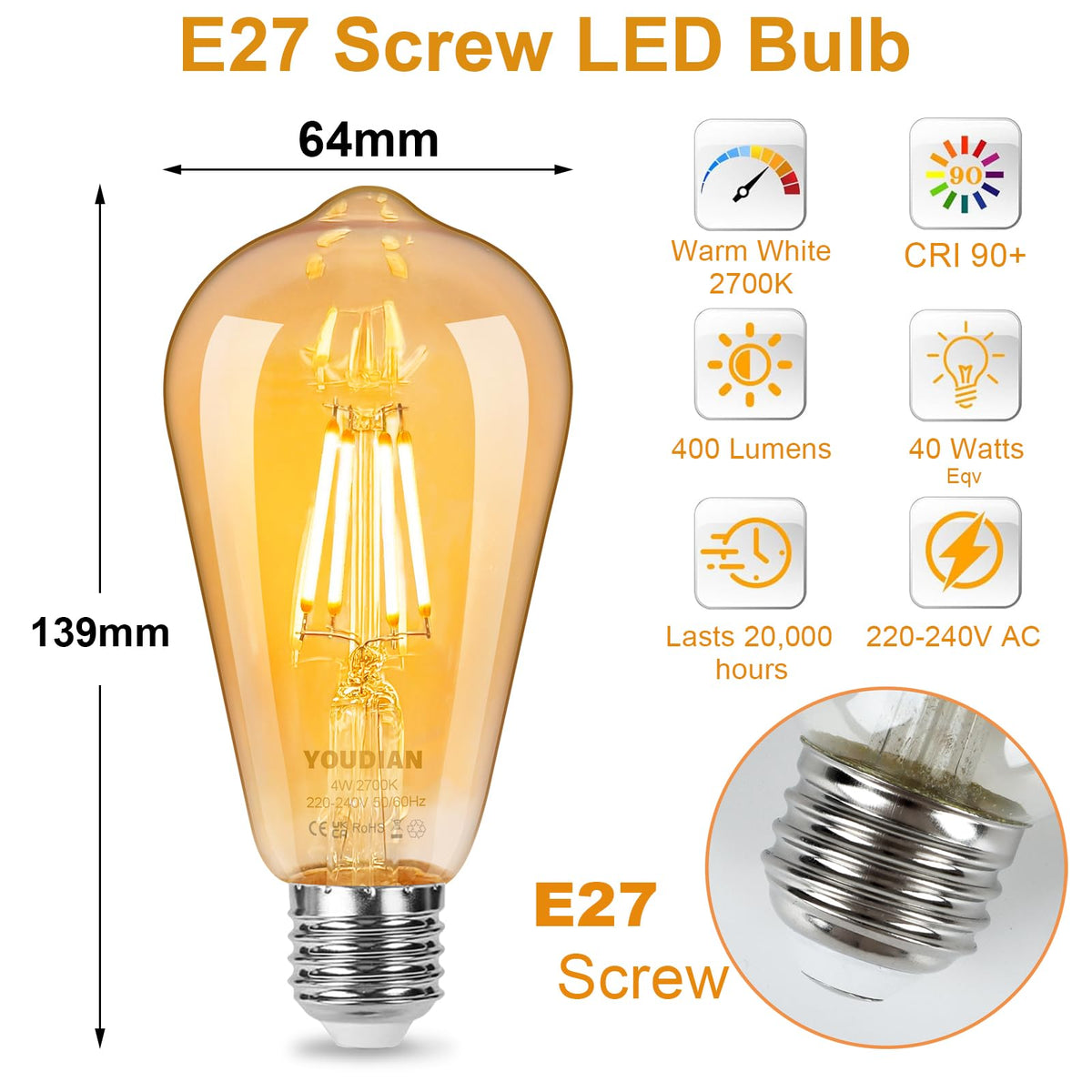 YOUDIAN E27 LED Edison Screw Bulb,Vintage Light Bulb ST64 4W(Pack of 2)