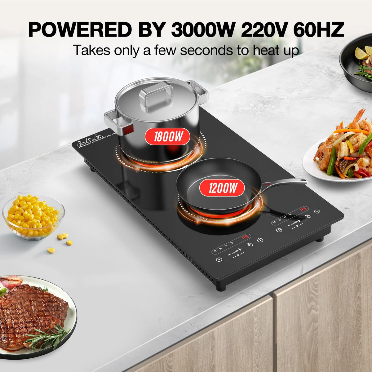 VBGK 2 Ring Electric Hob with Knob, 220V 3000W Double Ceramic Hob, 9 Power Levels, Kids Lock & Timer, Hot Surface Indicator, Overheat Protection, Knob and Touch Control Double Electric Hob