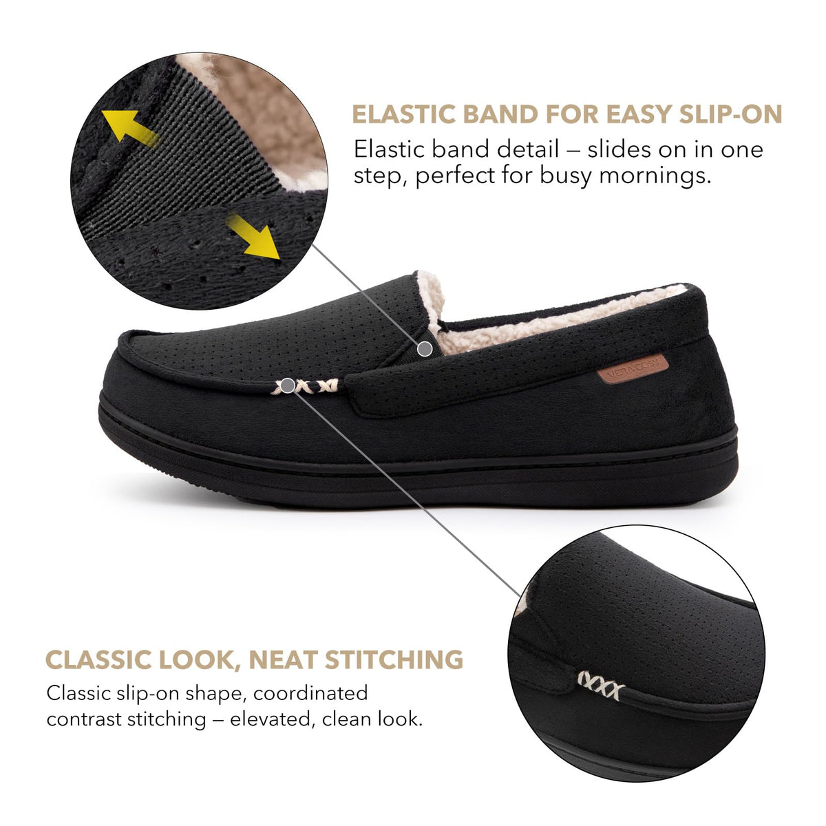 VeraCosy Men's Suede Moccasin Slippers Memory Foam Sherpa Lined Anti-Skid