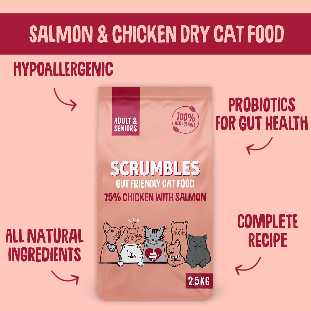 Scrumbles All Natural Dry Cat Food With Chicken and Fresh Salmon, High Protein Food for Adults And Seniors, 2.5 Kg,pink bag
