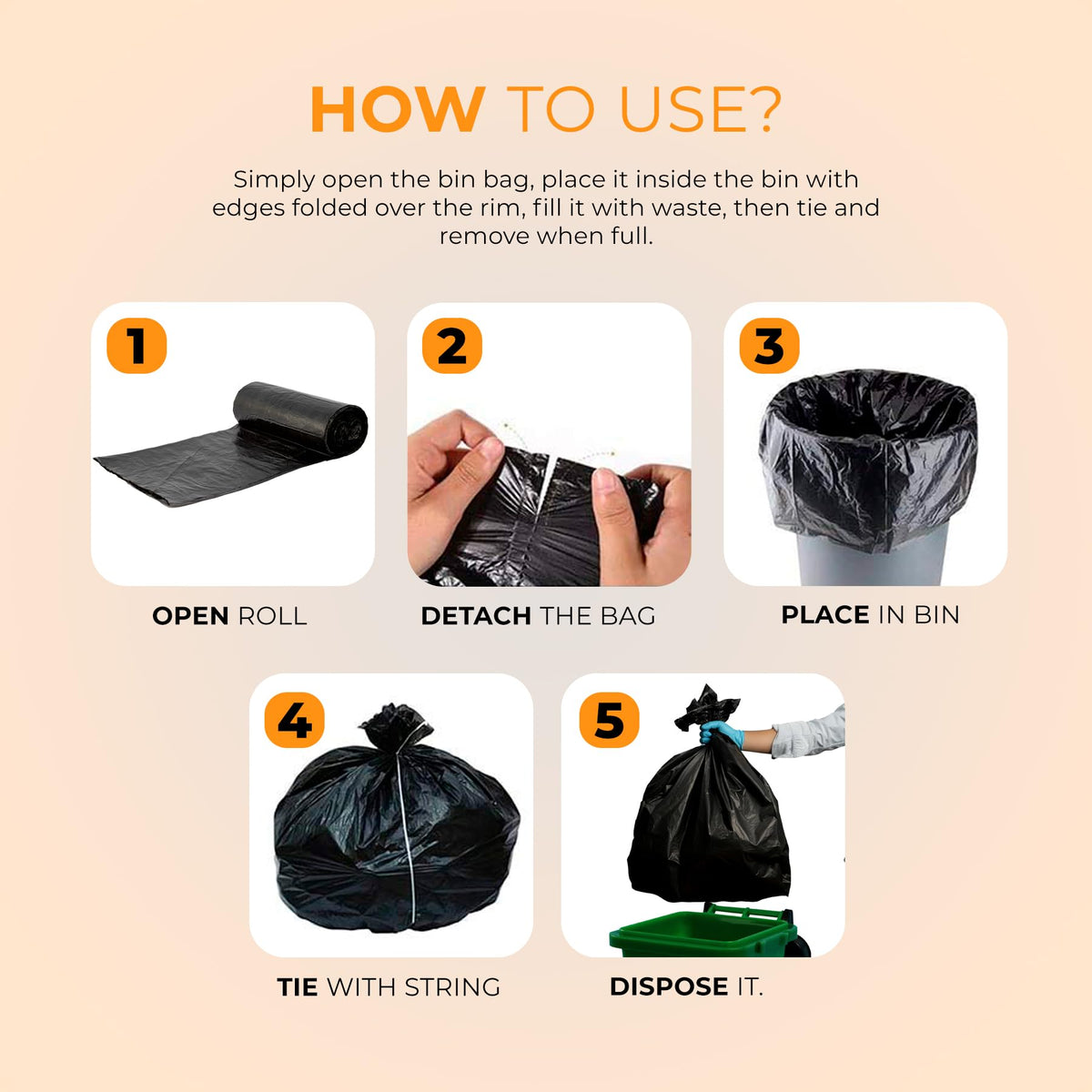 Roe Tenpo 100 Pack Heavy Duty Black Bin Bags – 100L, 33 μm Recyclable Refuse Sacks, Leak-Proof Bin Liners – Rubbish Bags for Kitchen, Home, DIY & Garden, Household, Office & Catering