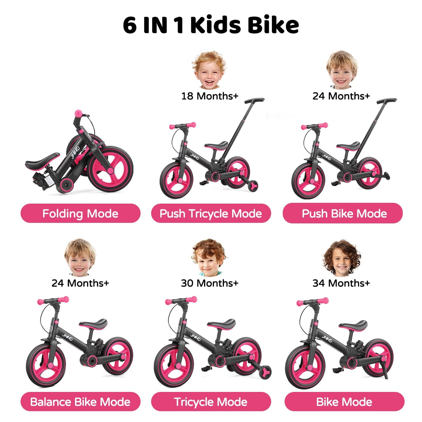 JMMD 6-in-1 Convertible Toddler Balance Bike to Pedal Bike — Ages 18 Months to 5 Years