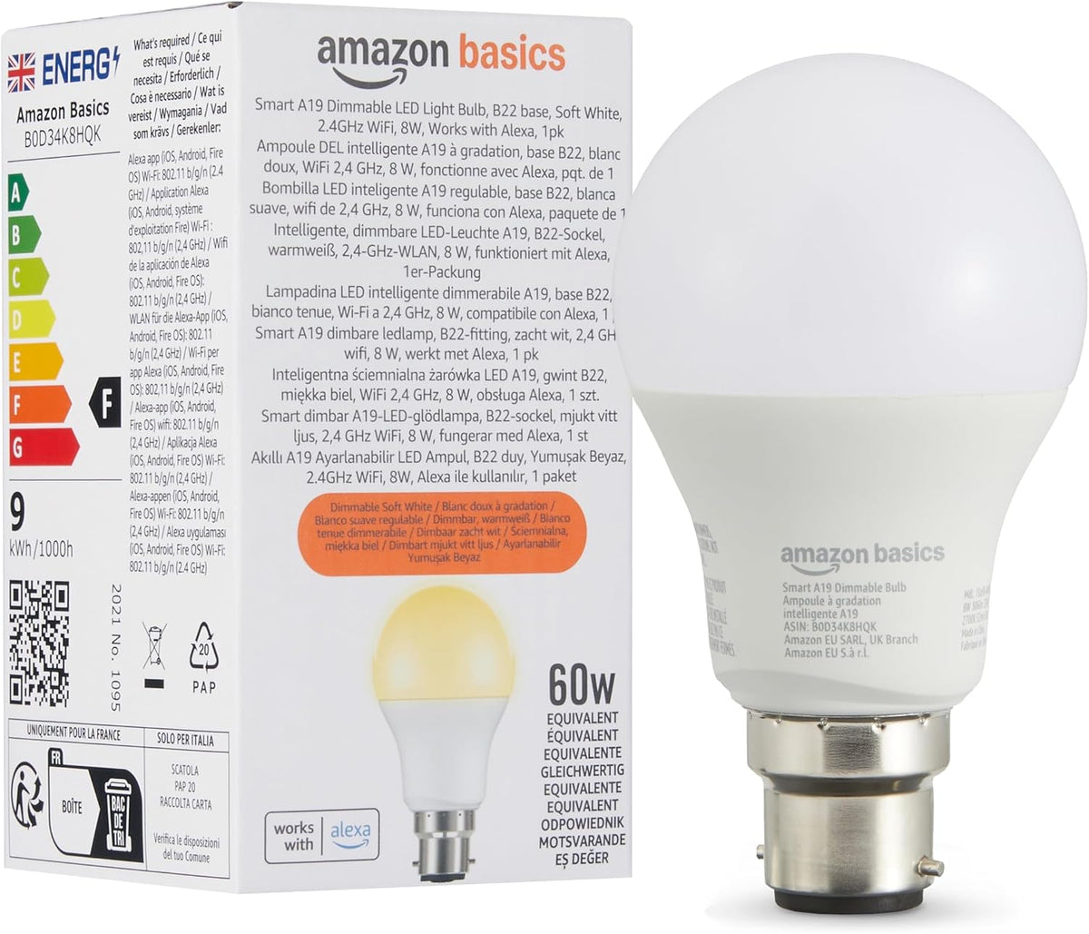 Amazon Basics Smart Dimmable LED Light Bulb, B22 Base, Soft White, 8W (60W Equivalent), Works with Alexa Only, 1 Pack