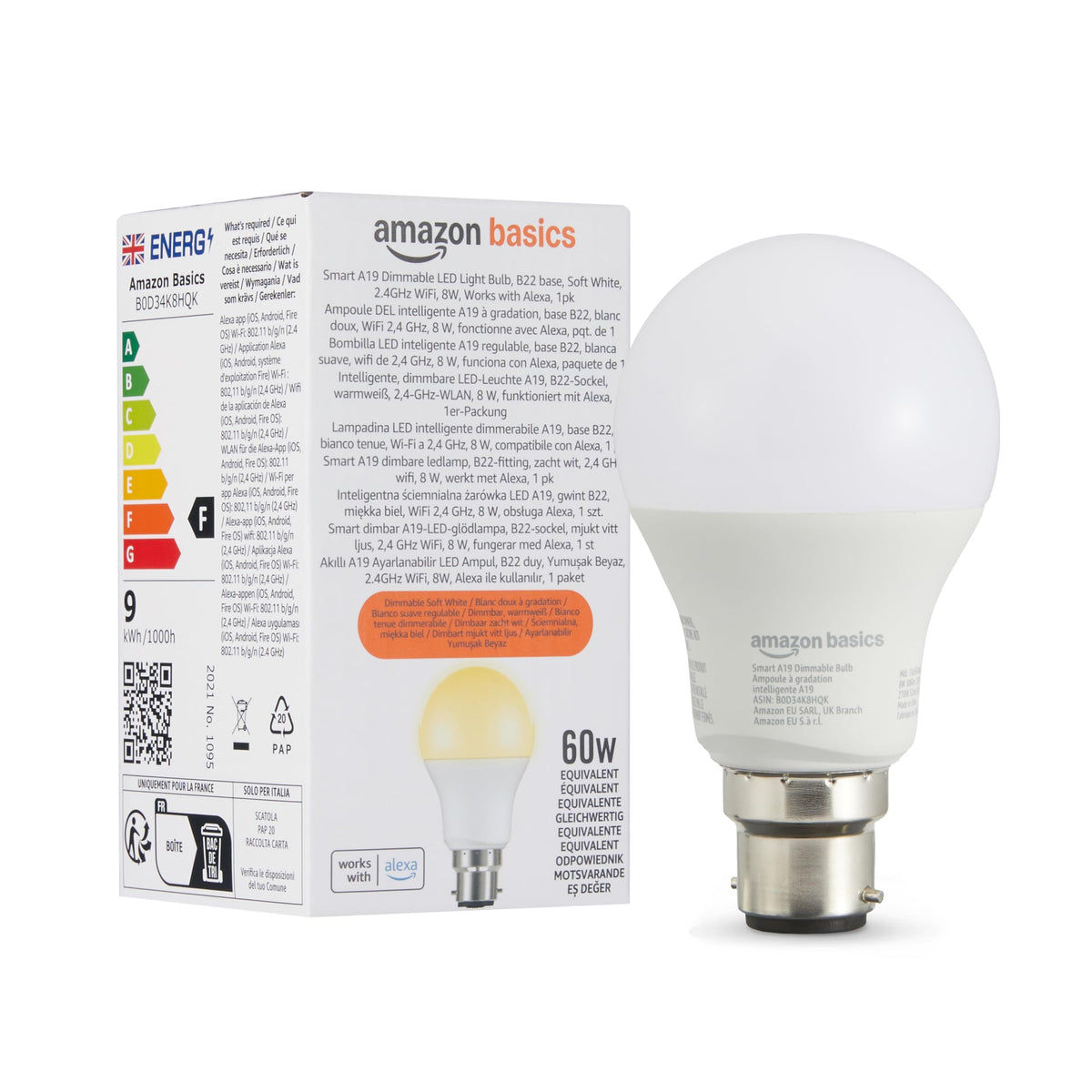 Amazon Basics Smart Dimmable LED Light Bulb, B22 Base, Soft White, 8W (60W Equivalent), Works with Alexa Only, 1 Pack