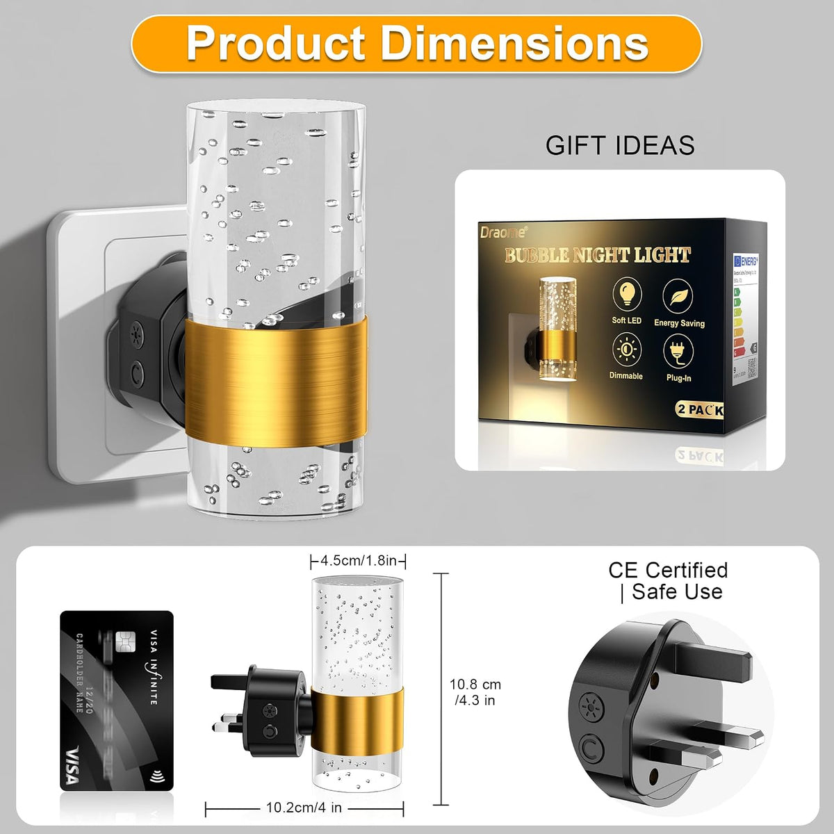 Night Light Plug in Wall with Dusk to Dawn Sensor Modern 2 Pack Gold
