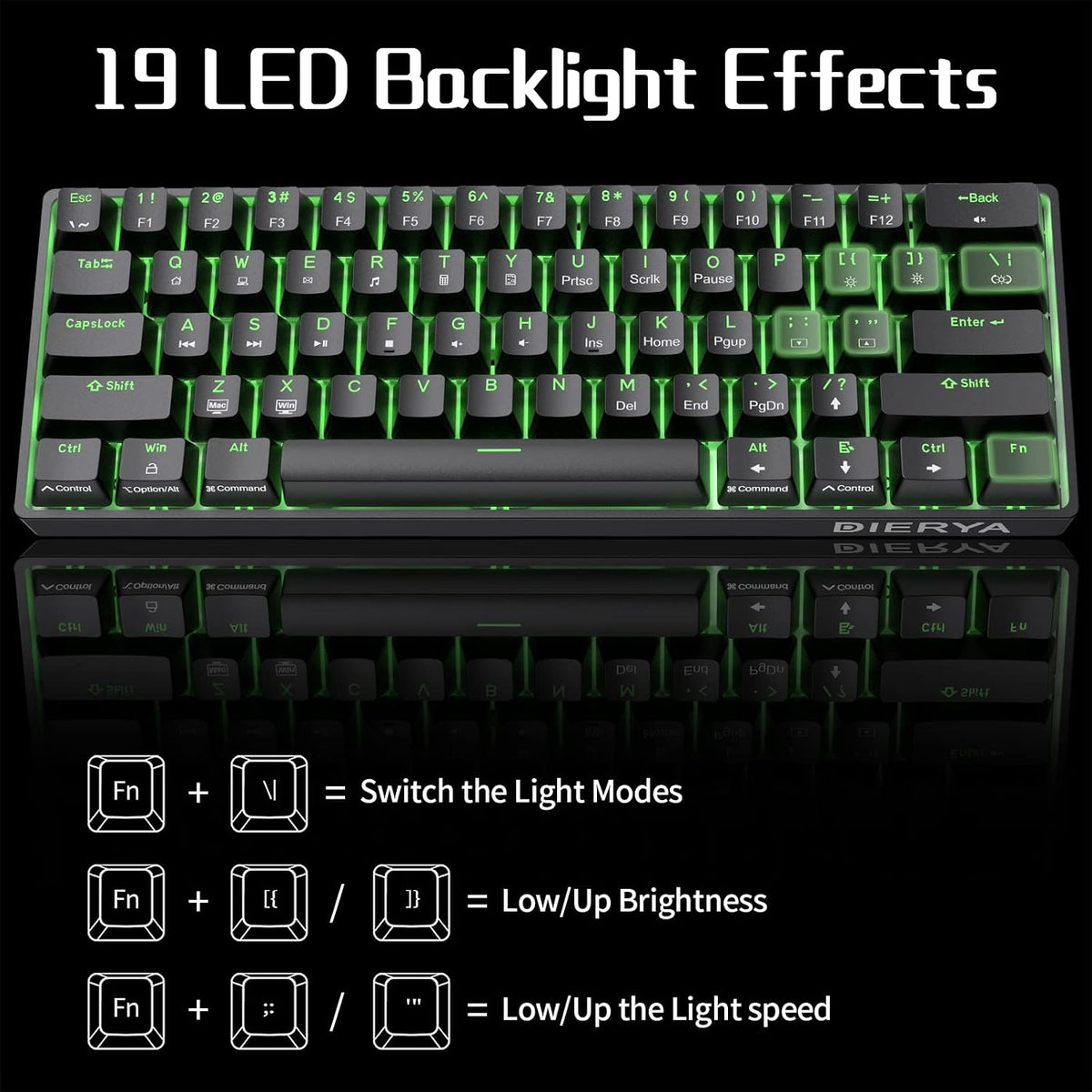 Dierya DK61SE 60% Gaming Keyboard, Wired, US QWERTY, Brown Switches, Black