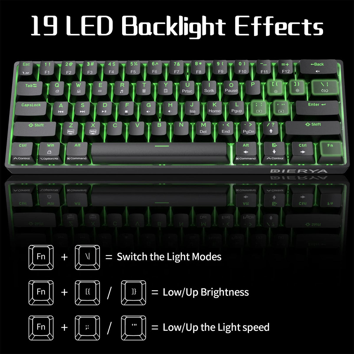 Dierya DK61SE 60% Gaming Keyboard, Wired, US QWERTY, Brown Switches, Black