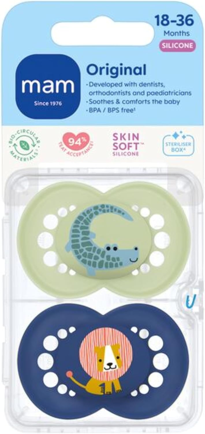 MAM Original Dummies, 18-36M, 2 Pack, Orthodontic Design, Blue/Green