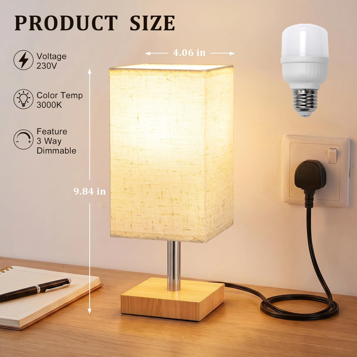 White Table Lamp for Bedroom, Small Bed Lamp with for Bedroom, Silver Base(Bulb Included)