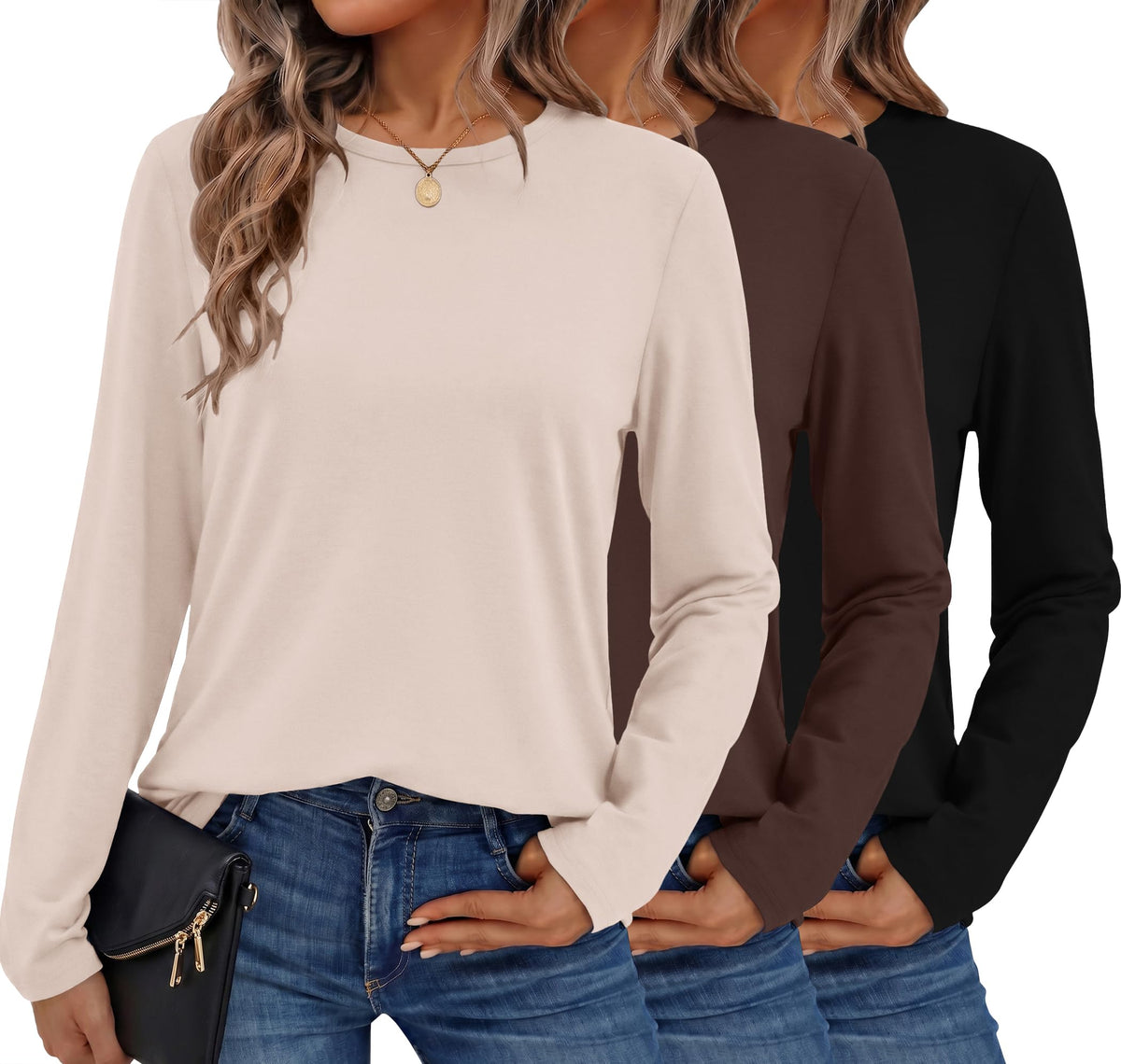 Ekouaer 1/3 Pack Womens Tops Long Sleeve T Shirts Soft Basic Tunic Top